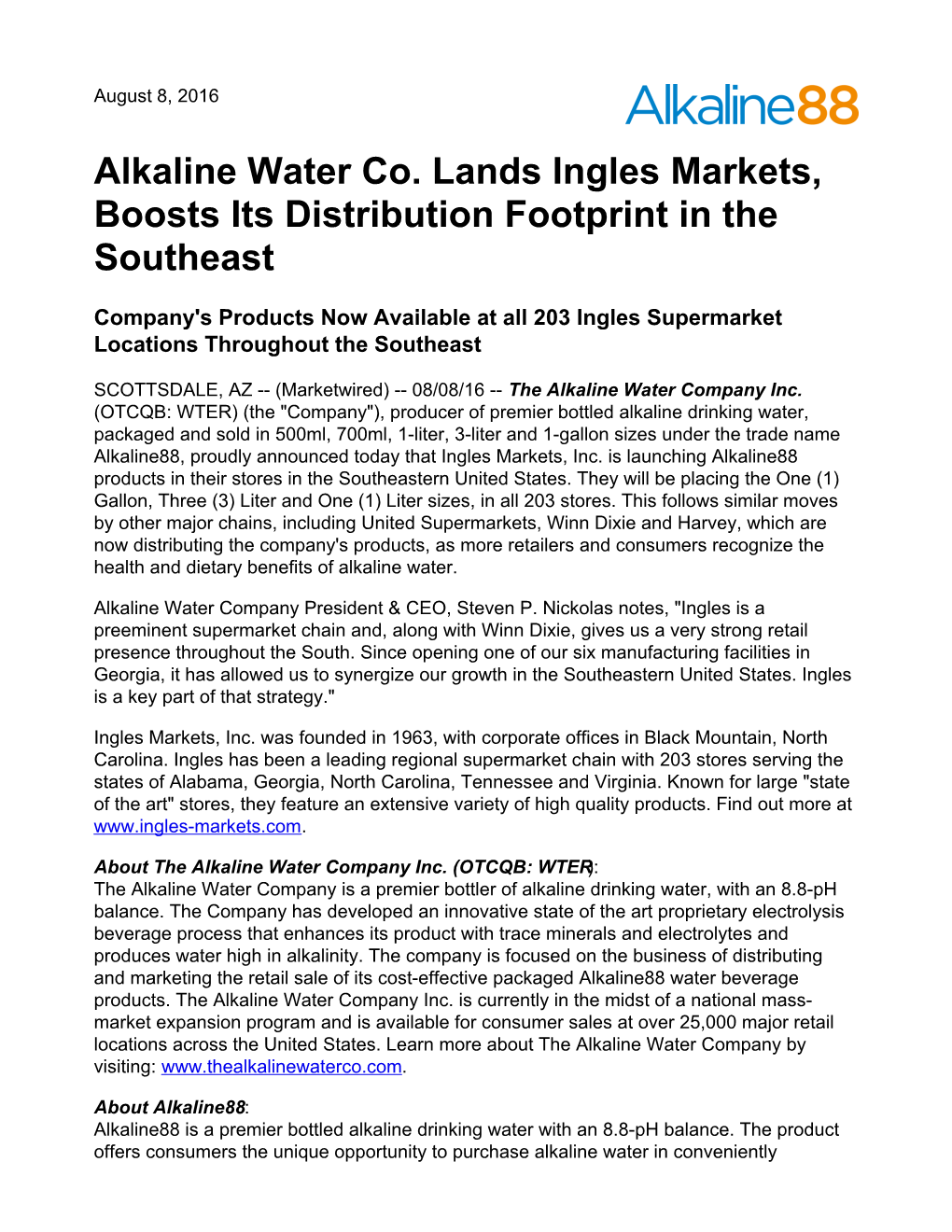 Alkaline Water Co. Lands Ingles Markets, Boosts Its Distribution Footprint in the Southeast