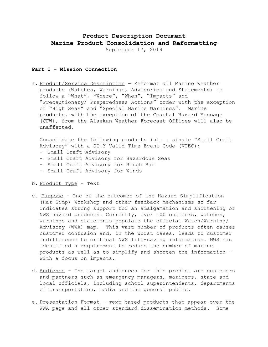 Product Description Document Marine Product Consolidation and Reformatting September 17, 2019