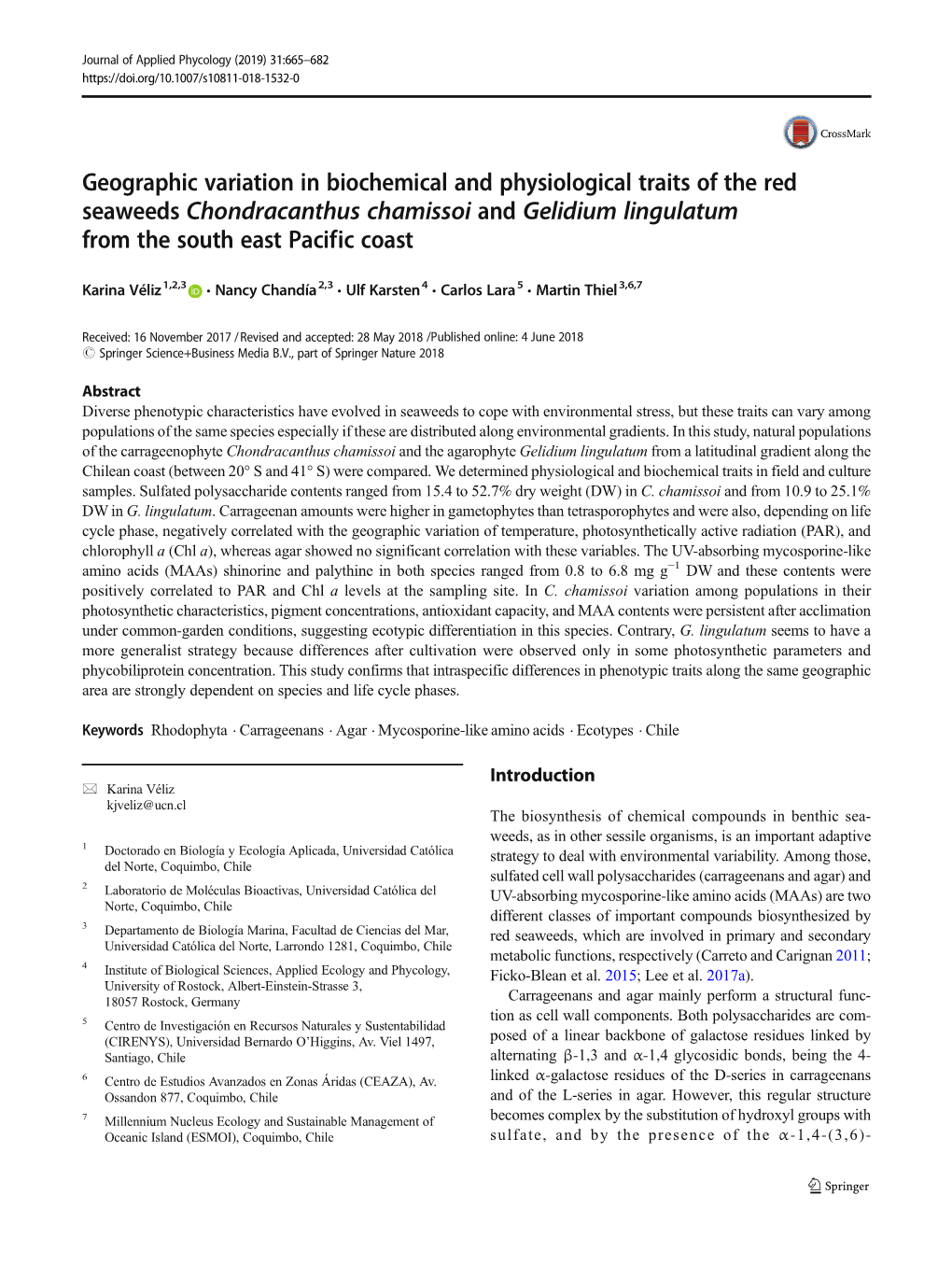 Geographic Variation in Biochemical and Physiological Traits of the Red Seaweeds Chondracanthus Chamissoi and Gelidium Lingulatum from the South East Pacific Coast