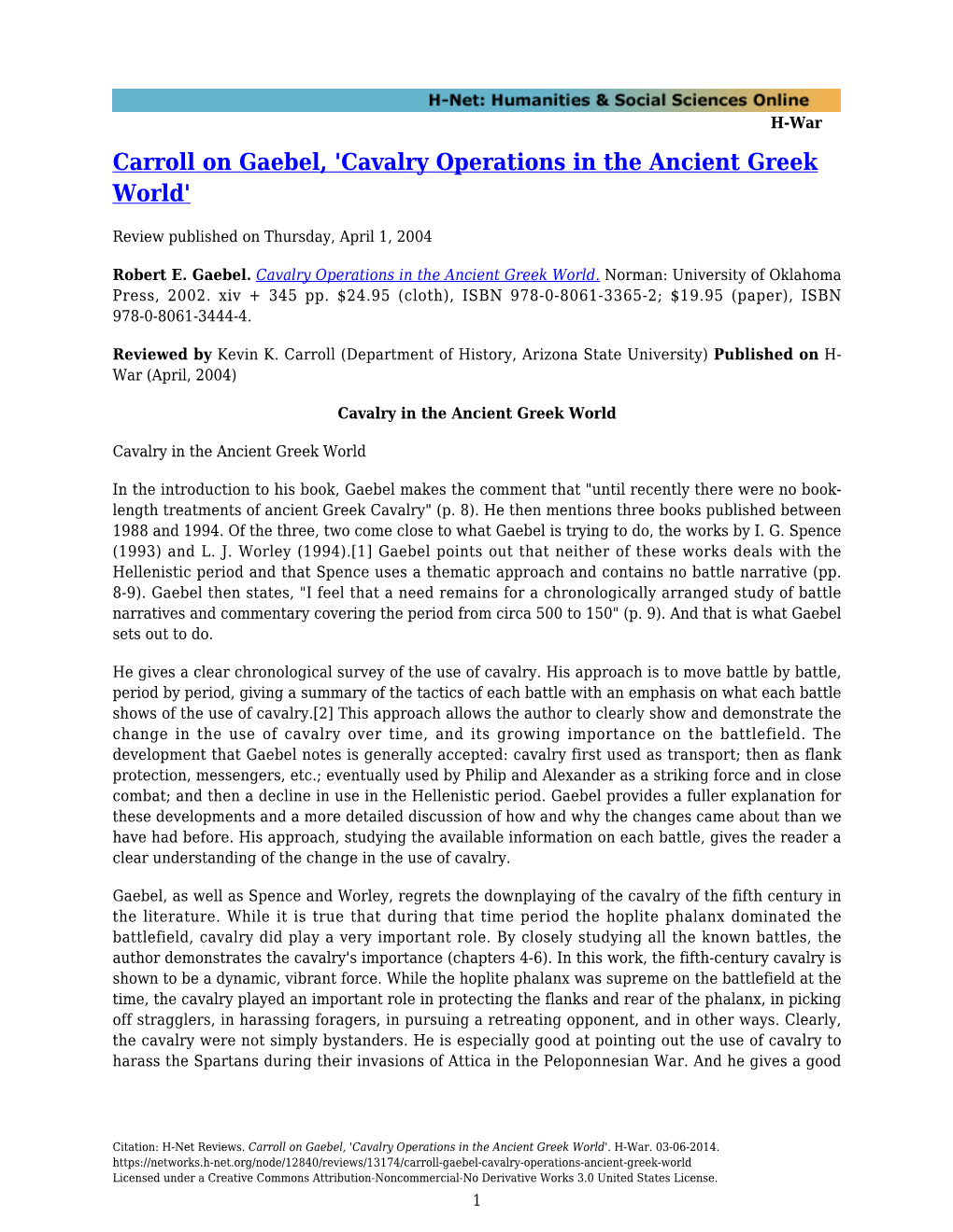 Carroll on Gaebel, 'Cavalry Operations in the Ancient Greek World'