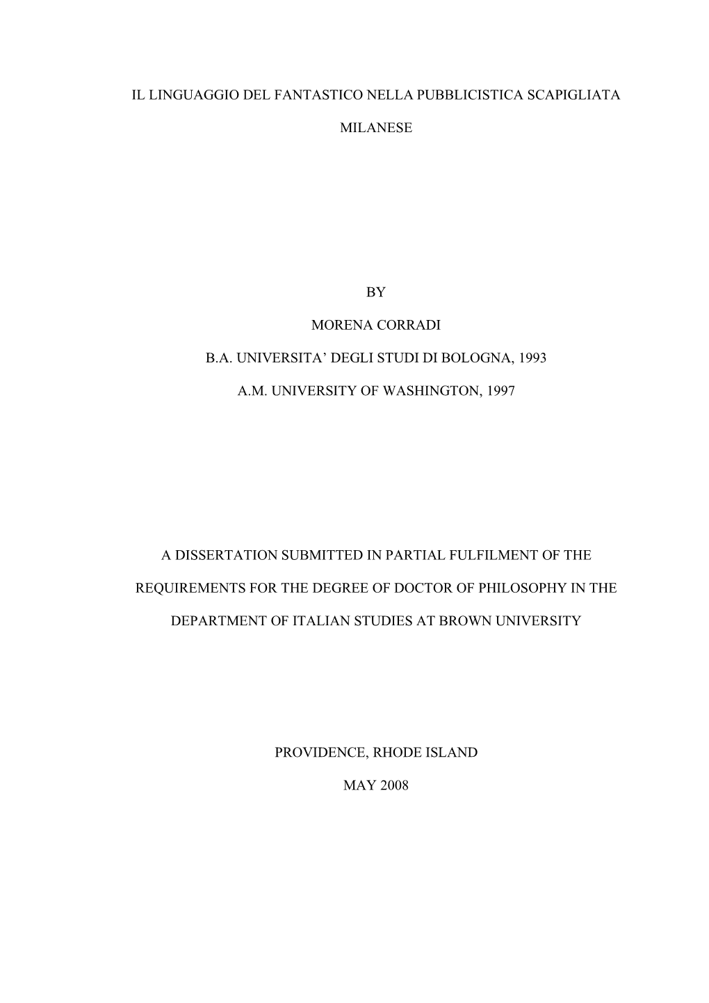 Il Linguaggio Del Fantastico Nella Pubblicistica Scapigliata Milanese by Morena Corradi B.A. Universita' Degli Studi Di Bologn