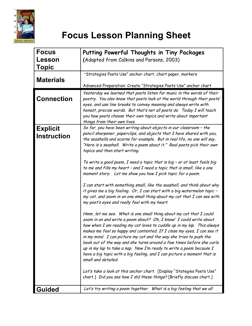 Focus Lesson Planning Sheet s3