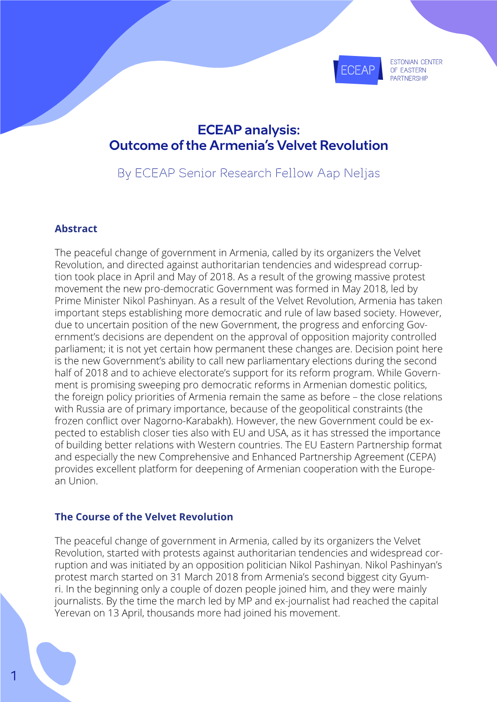 ECEAP Analysis: Outcome of the Armenia's Velvet Revolution