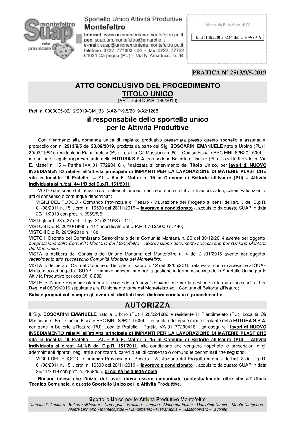 ATTO CONCLUSIVO DEL PROCEDIMENTO TITOLO UNICO Il