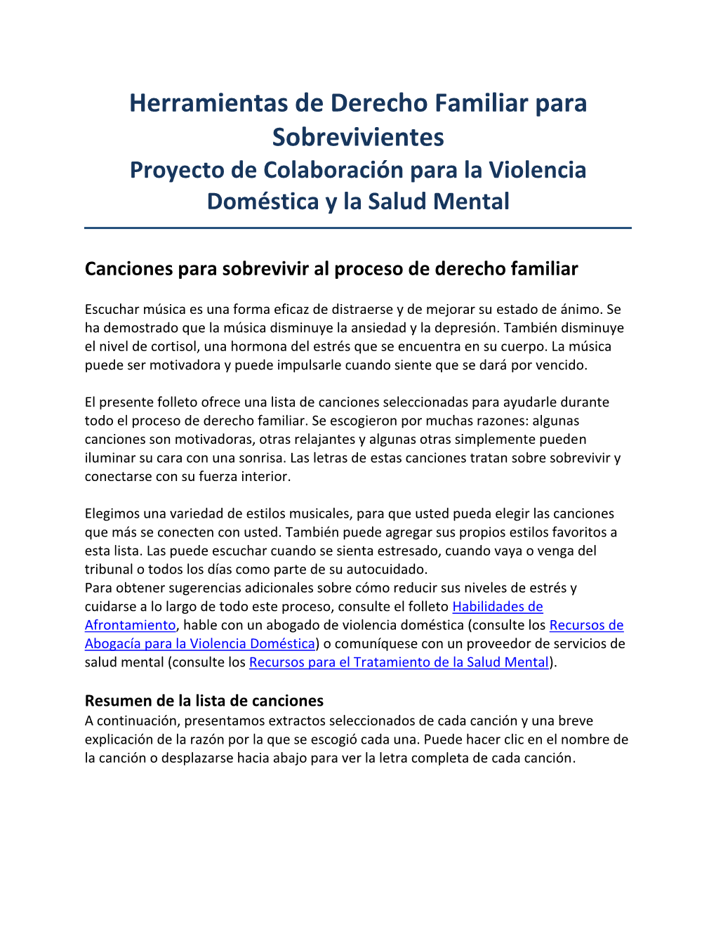 Herramientas De Derecho Familiar Para Sobrevivientes Proyecto De Colaboración Para La Violencia Doméstica Y La Salud Mental