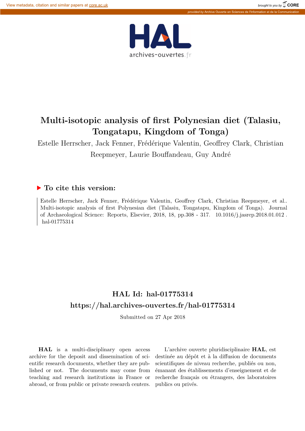 Multi-Isotopic Analysis of First Polynesian Diet (Talasiu