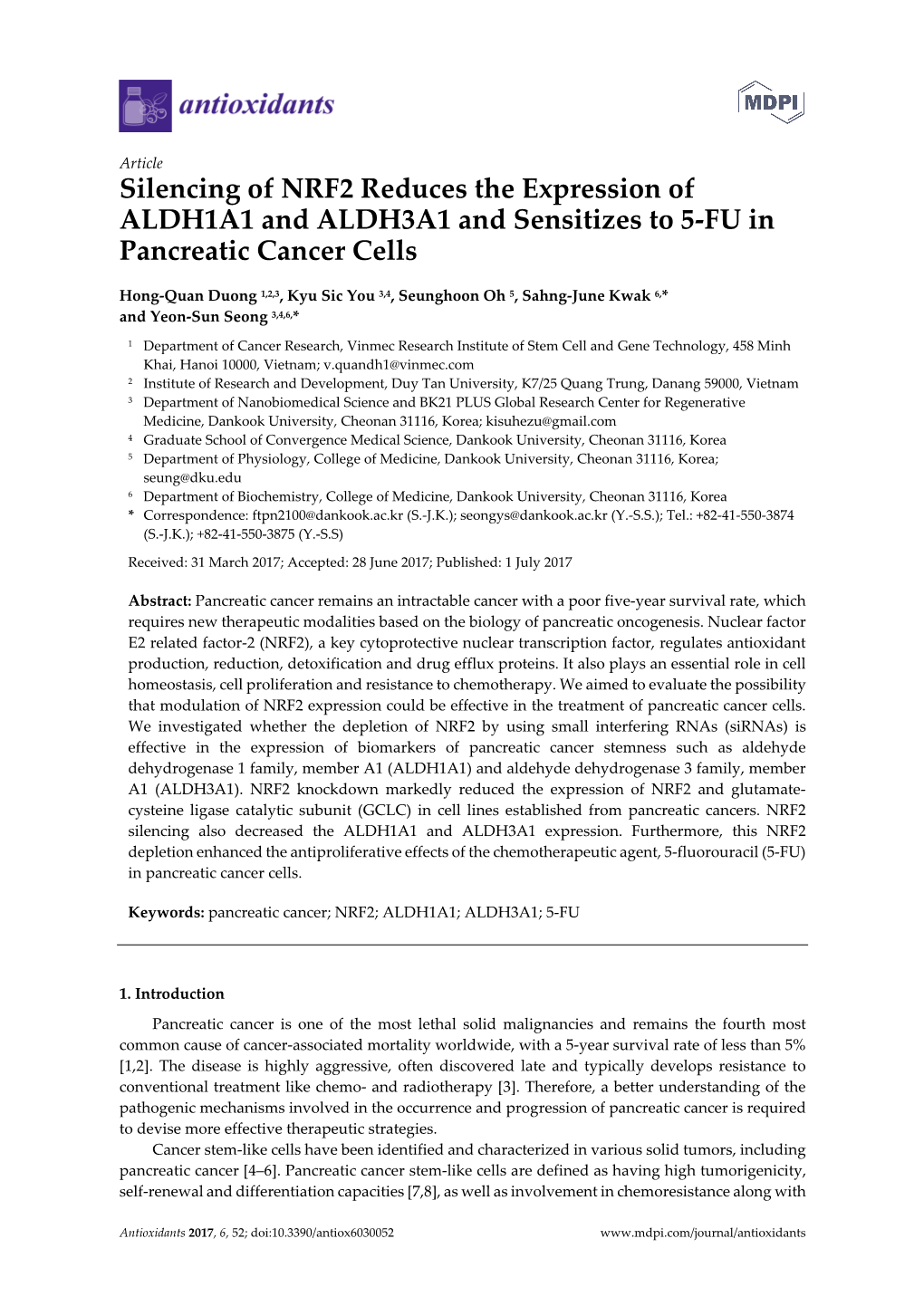 Silencing of NRF2 Reduces the Expression of ALDH1A1 and ALDH3A1 and Sensitizes to 5-FU in Pancreatic Cancer Cells