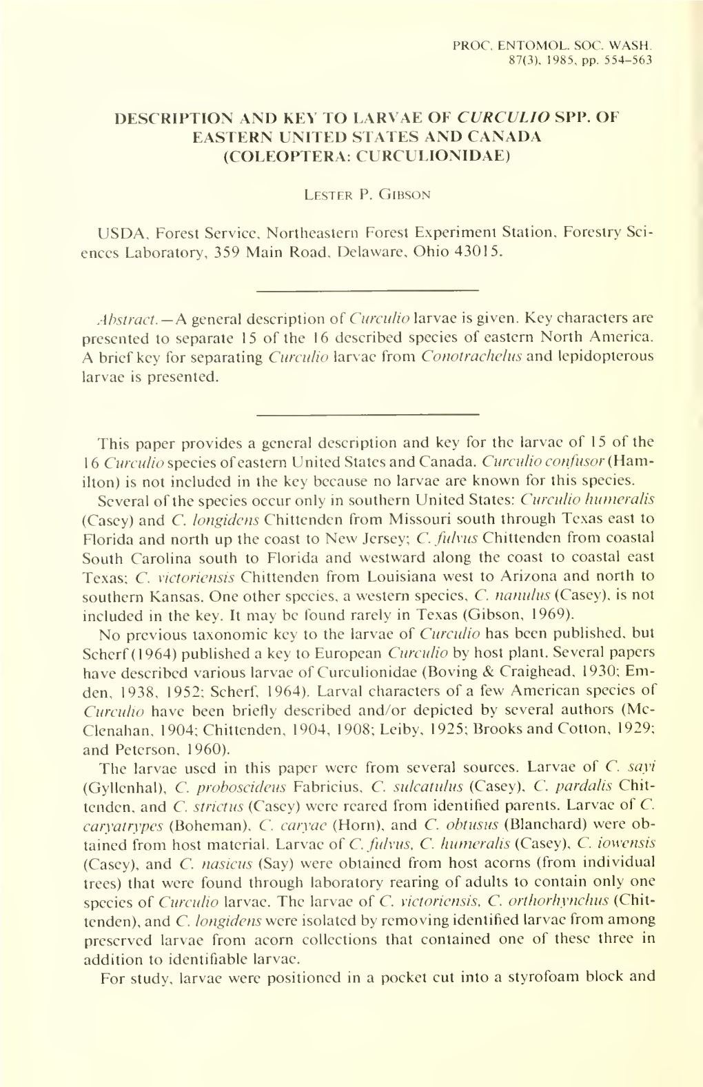 Description and Key to Larvae of Curculio Spp. of Eastern United