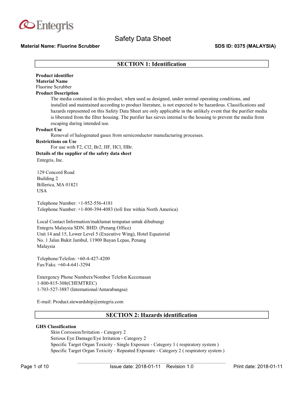 Safety Data Sheet Material Name: Fluorine Scrubber SDS ID: 0375 (MALAYSIA)