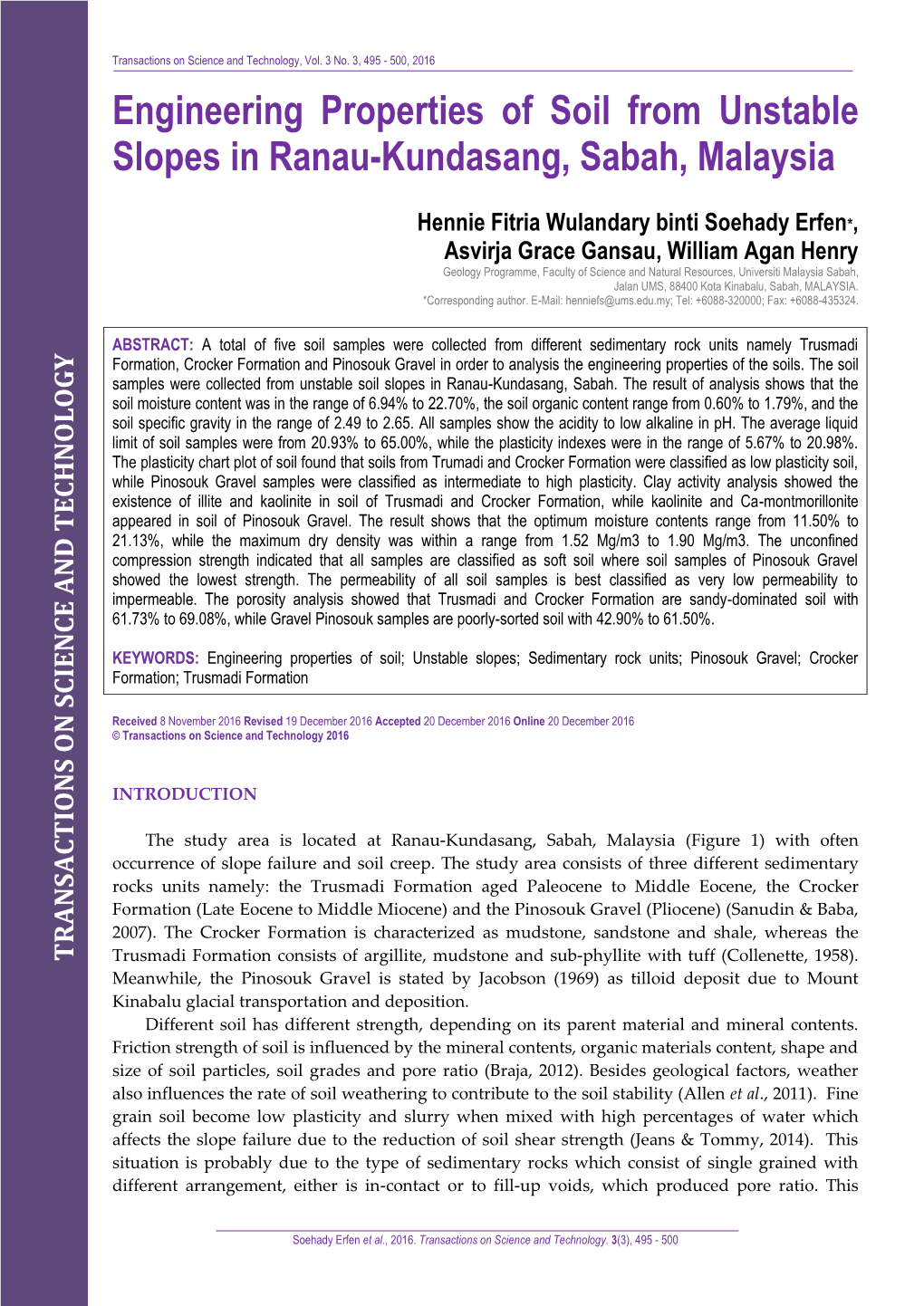 Engineering Properties of Soil from Unstable Slopes in Ranau-Kundasang, Sabah, Malaysia