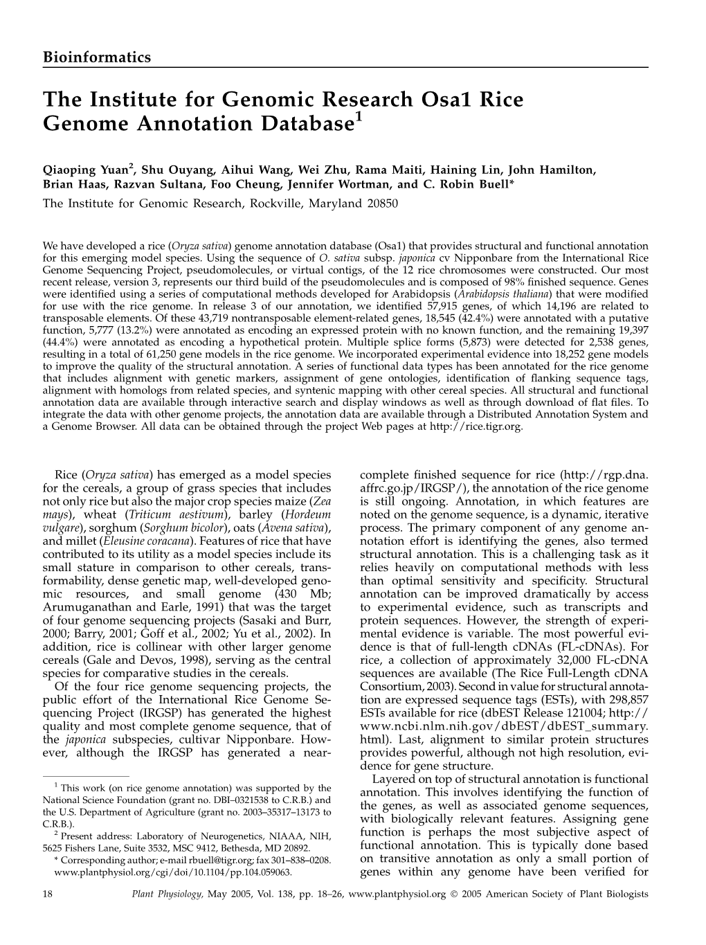 The Institute for Genomic Research Osa1 Rice Genome Annotation Database1