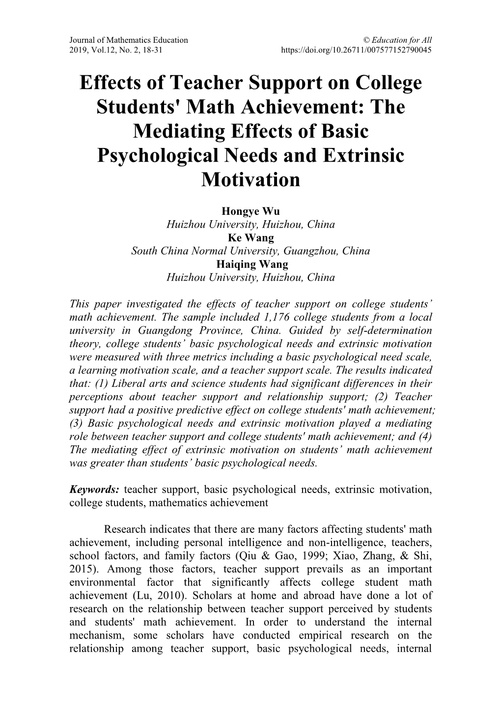 Effects of Teacher Support on College Students' Math Achievement: the Mediating Effects of Basic Psychological Needs and Extrinsic Motivation