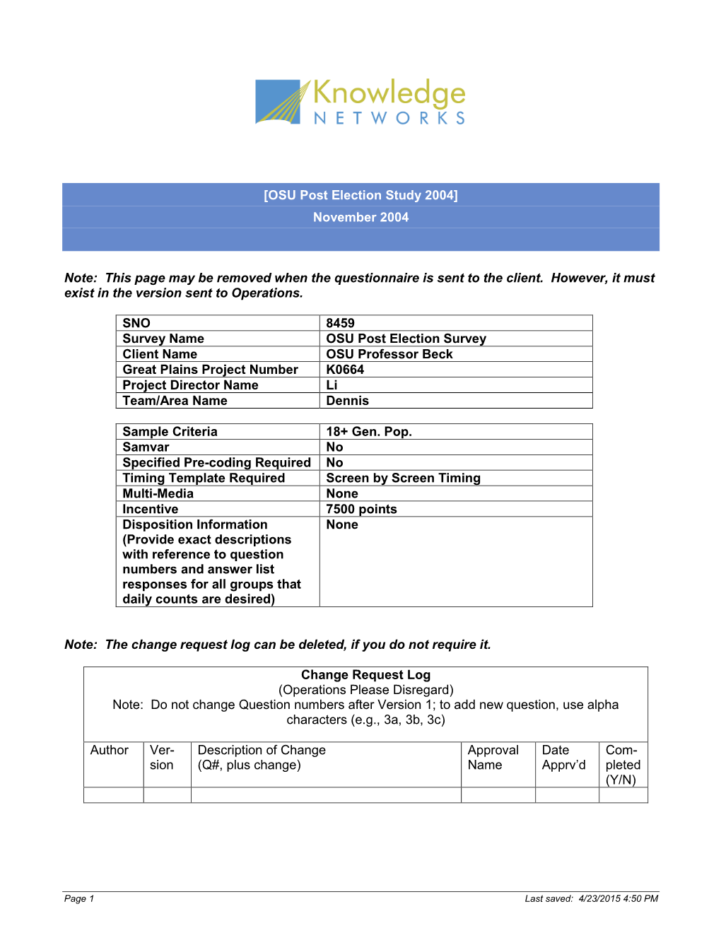 Standard Questionnaire Format