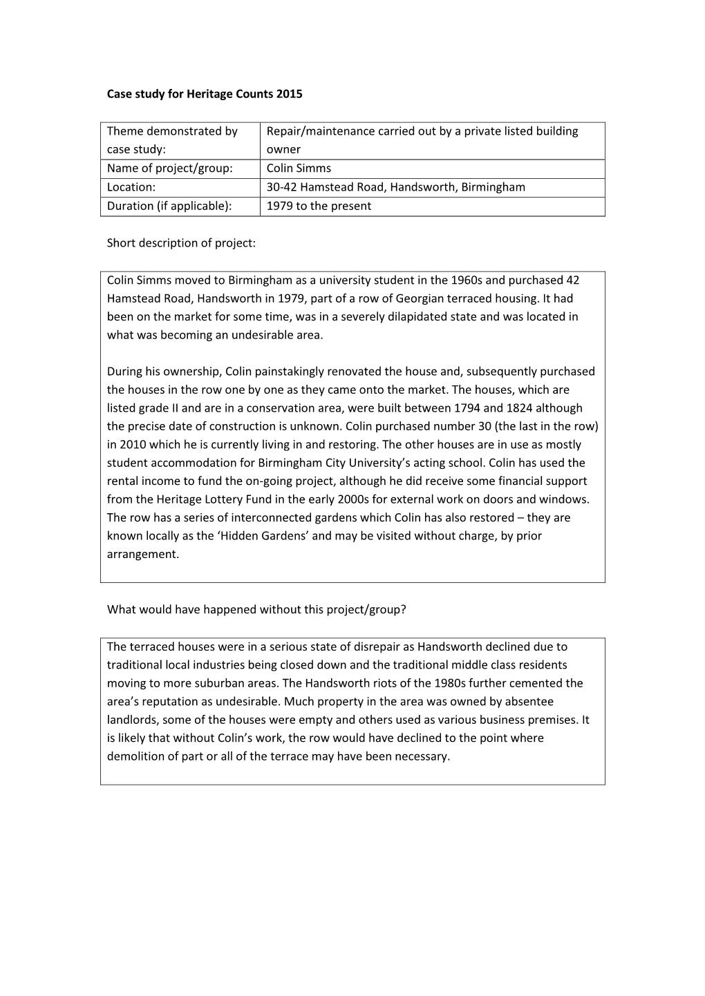 Case Study for Heritage Counts 2015