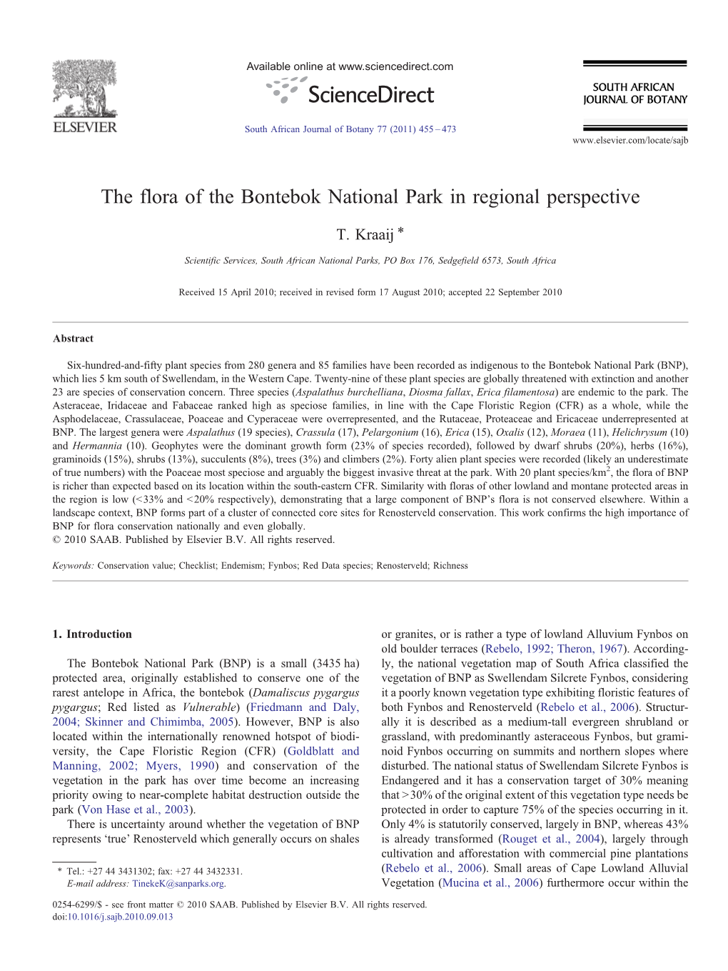 The Flora of the Bontebok National Park in Regional Perspective ⁎ T