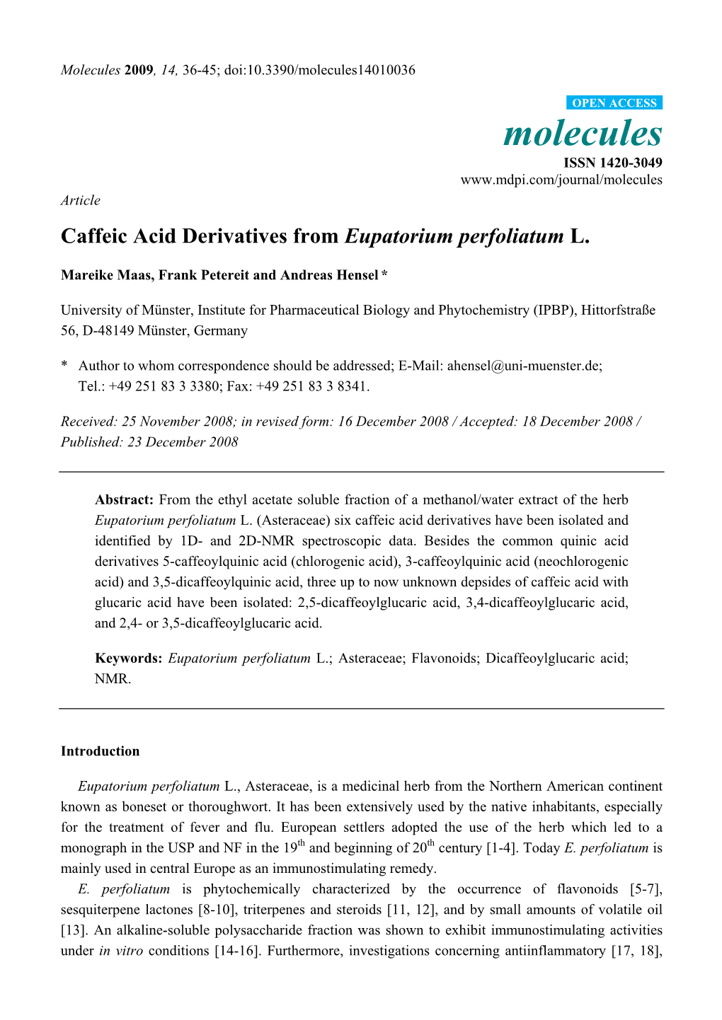 Caffeic Acid Derivatives from Eupatorium Perfoliatum L