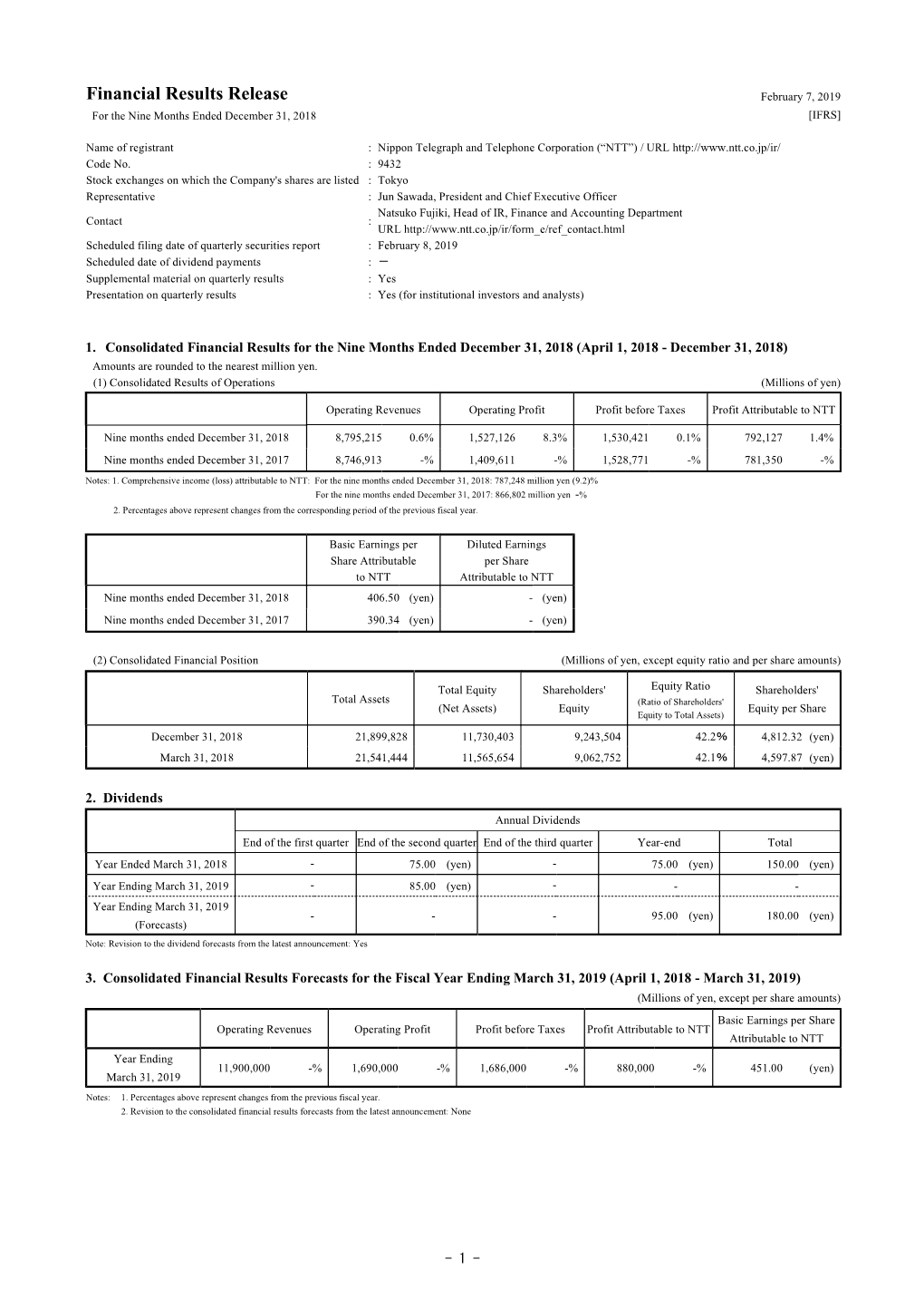 Financial Results Release February 7, 2019 for the Nine Months Ended December 31, 2018 [IFRS]