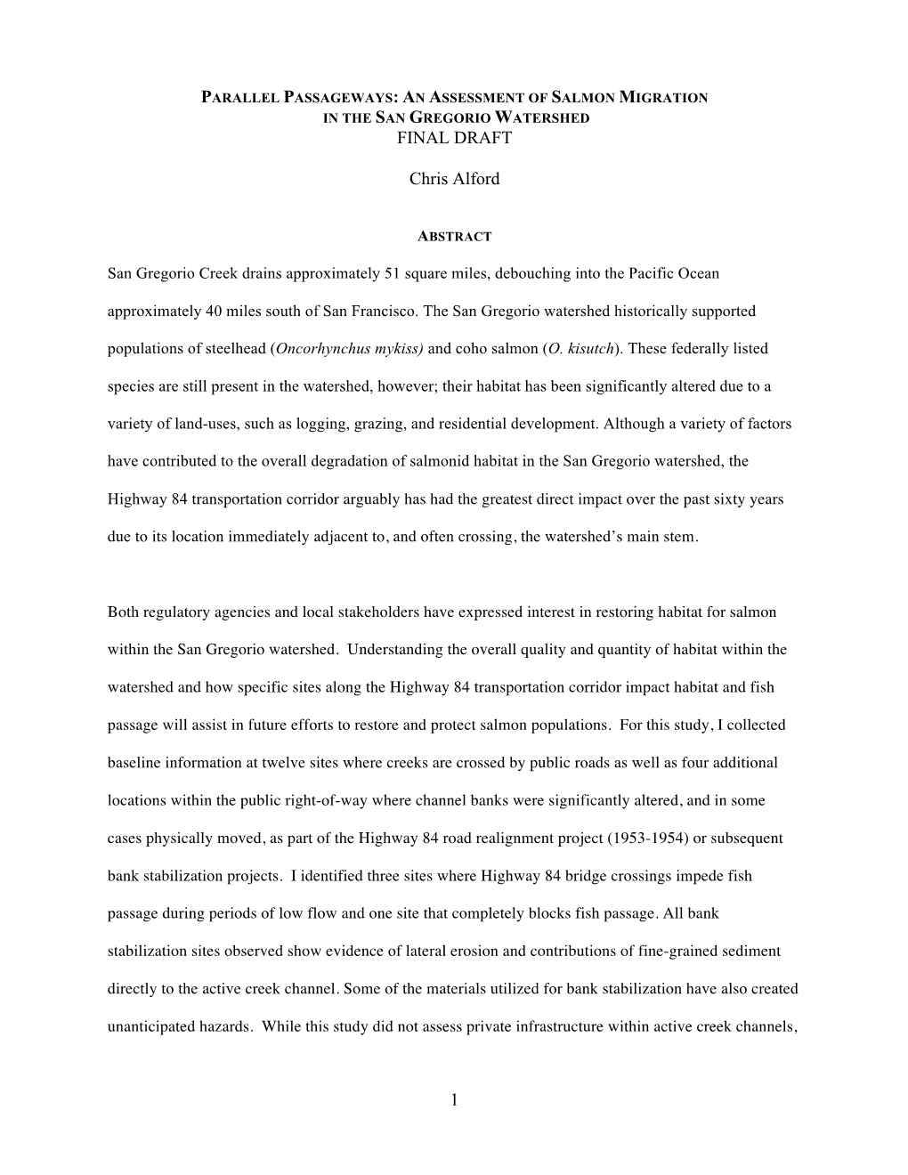 An Assessment of Salmon Migration in the San Gregorio Watershed Final Draft