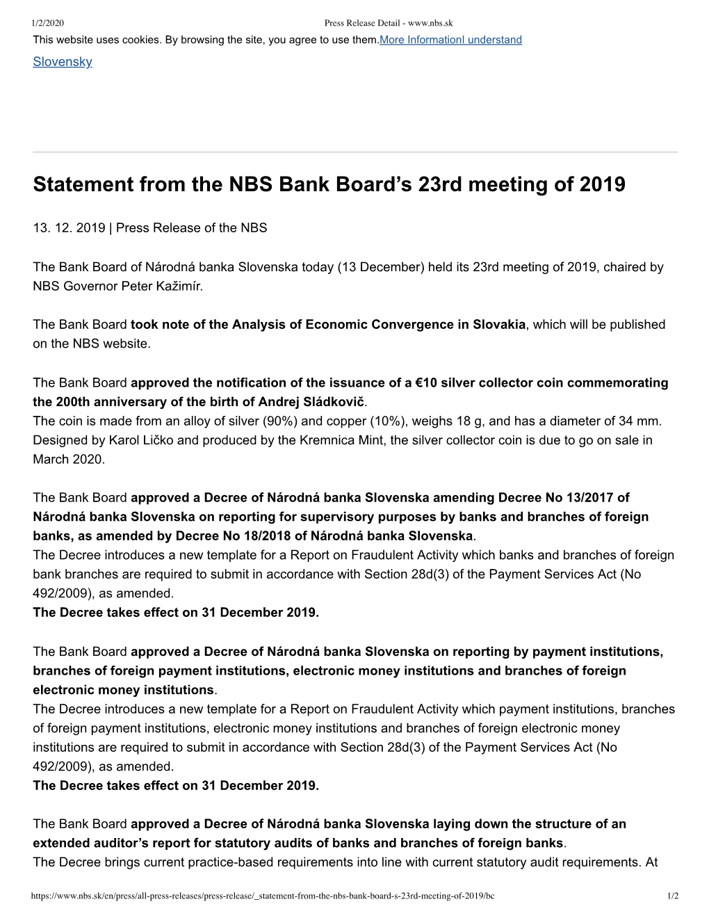 Statement from the NBS Bank Board's 23Rd Meeting of 2019