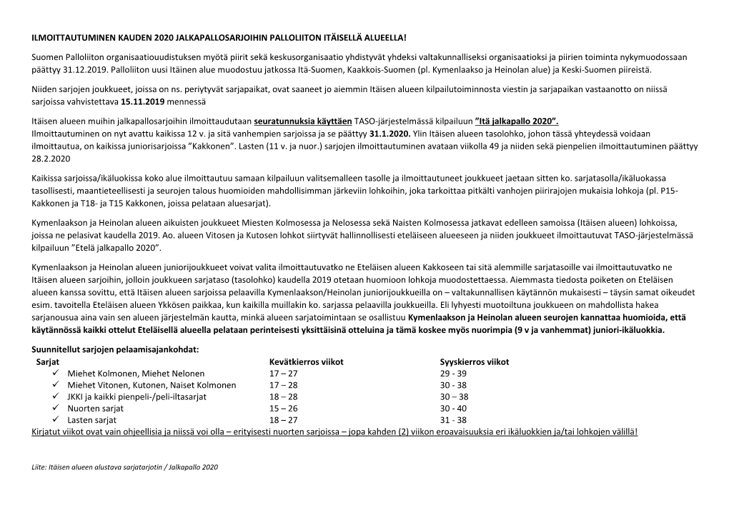 Ilmoittautuminen Kauden 2020 Jalkapallosarjoihin Palloliiton Itäisellä Alueella!