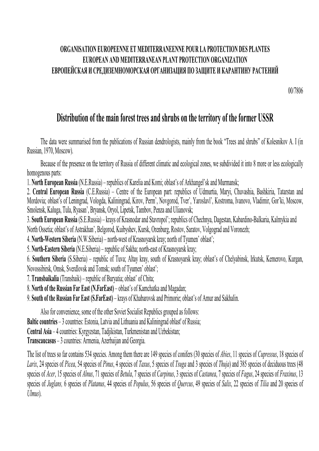Distribution of the Main Forest Trees and Shrubs on the Territory of the Former USSR