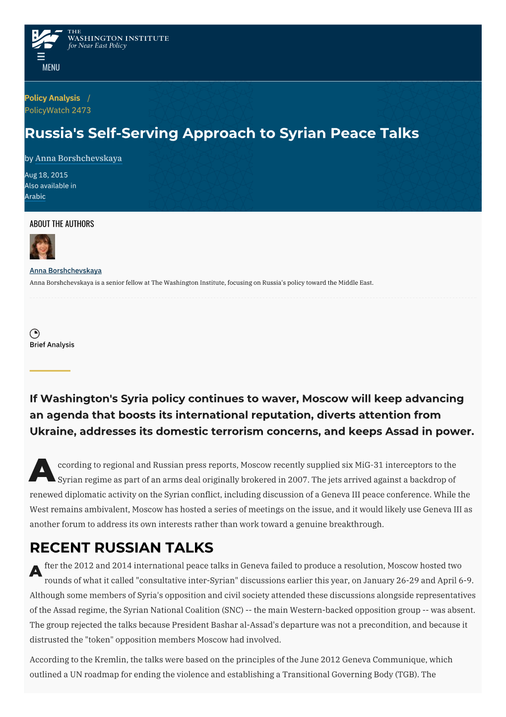Russia's Self-Serving Approach to Syrian Peace Talks | The