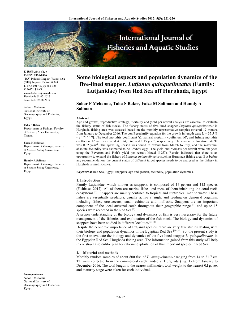 Some Biological Aspects and Population Dynamics of the Five-Lined Snapper, Lutjanus Quinquelineatus (Family: Lutjanidae) from Re