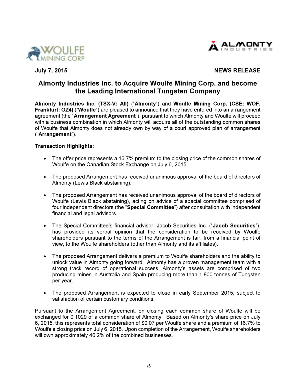 Almonty Industries Inc. to Acquire Woulfe Mining Corp. and Become the Leading International Tungsten Company