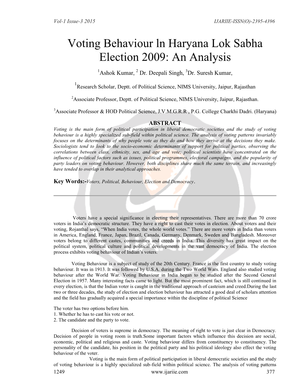 Voting Behaviour Ln Haryana Lok Sabha Election 2009: an Analysis