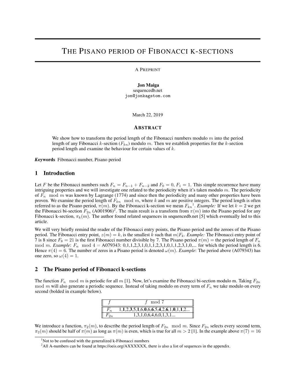 The Pisano Period of Fibonacci K-Sections
