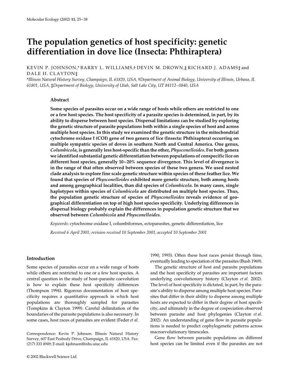 Genetic Differentiation in Dove Lice (Insecta: Phthiraptera)