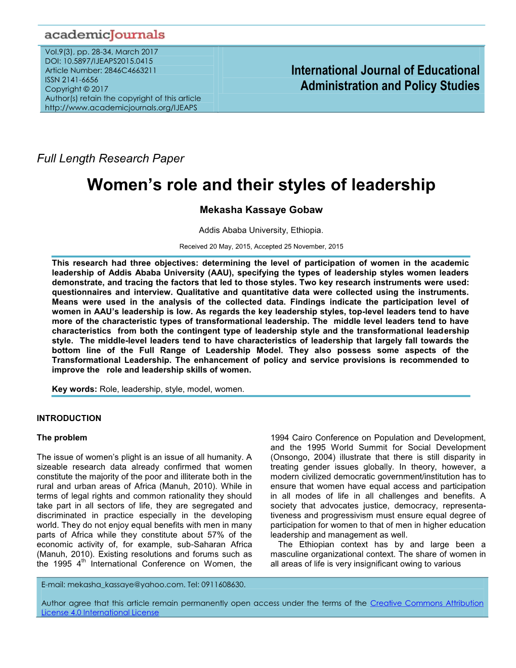 Women's Role and Their Styles of Leadership