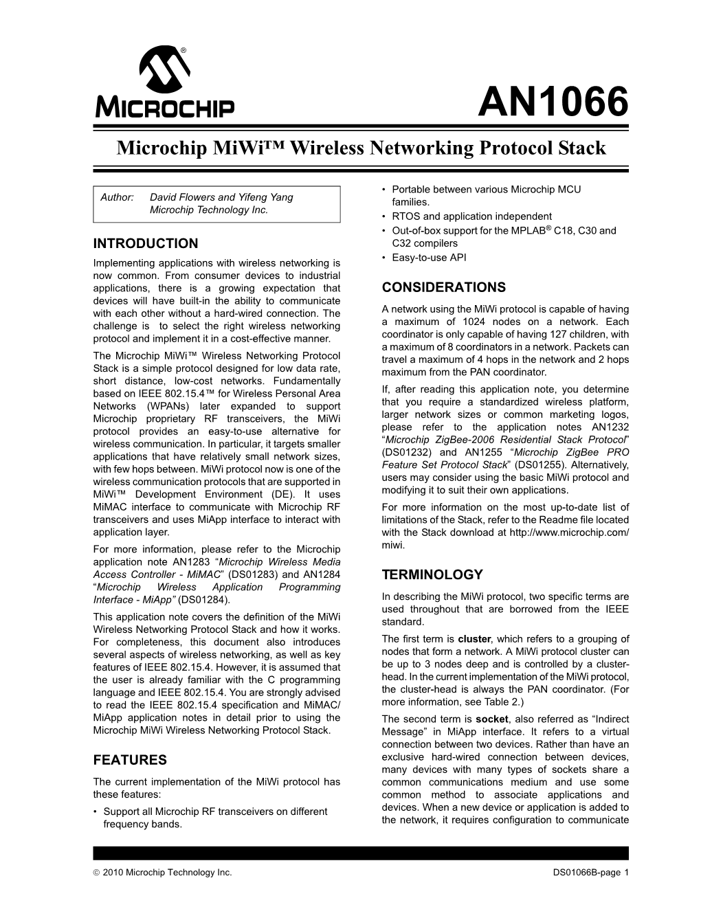 AN1066 Microchip Miwi Wireless Network Protocol Stack