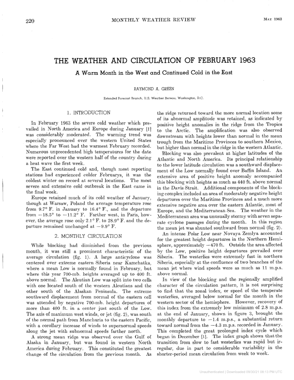 THE WEATHER and CIRCULATION of FEBRUARY 1963 a Warm Month in the West and Continued Cold in the East