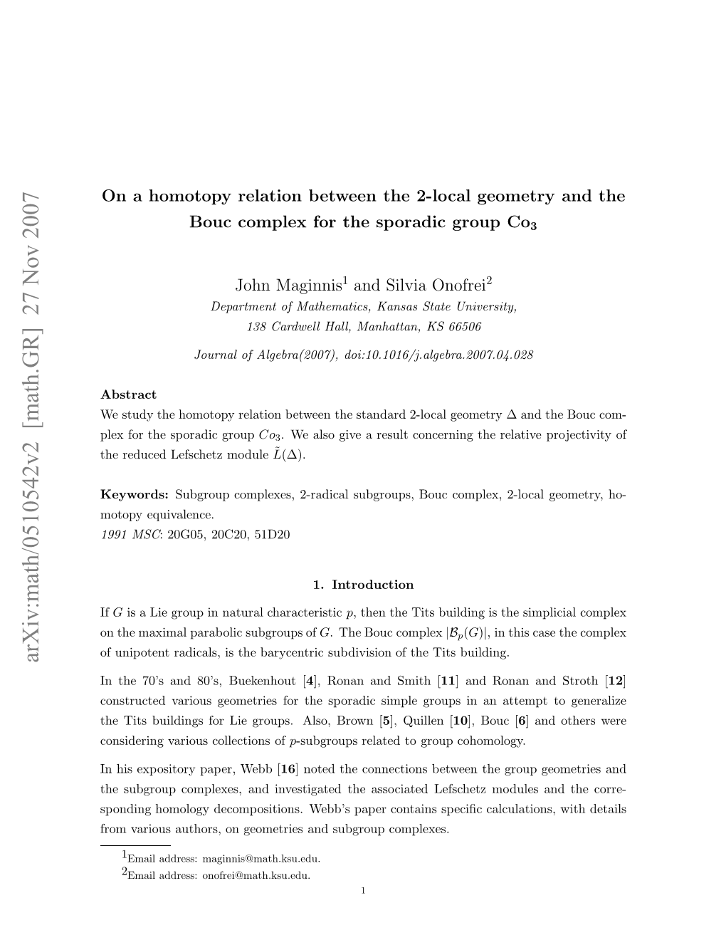 Arxiv:Math/0510542V2 [Math.GR] 27 Nov 2007 Keywords: H Eue Esht Module Lefschetz Reduced the 91MSC 1991 Equivalence