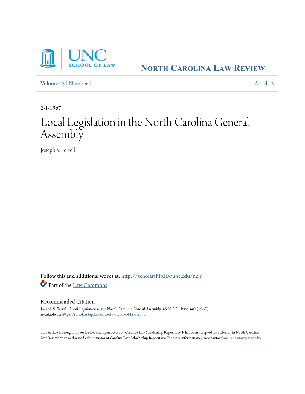 Local Legislation in the North Carolina General Assembly Joseph S