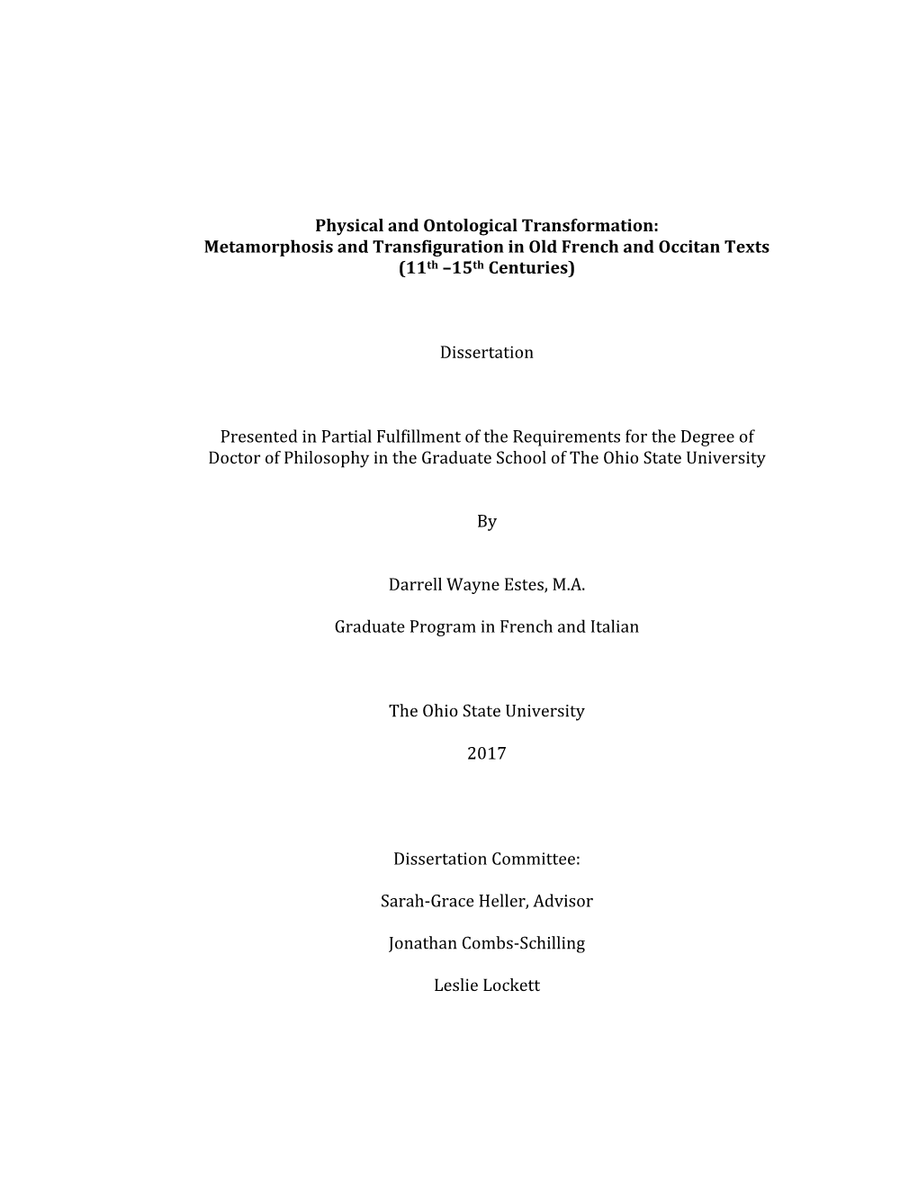 Metamorphosis and Transfiguration in Old French and Occitan Texts (11Th –15Th Centuries)