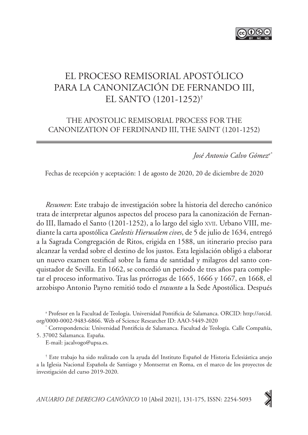 El Proceso Remisorial Apostólico Para La Canonización De Fernando Iii, El Santo (1201-1252)†