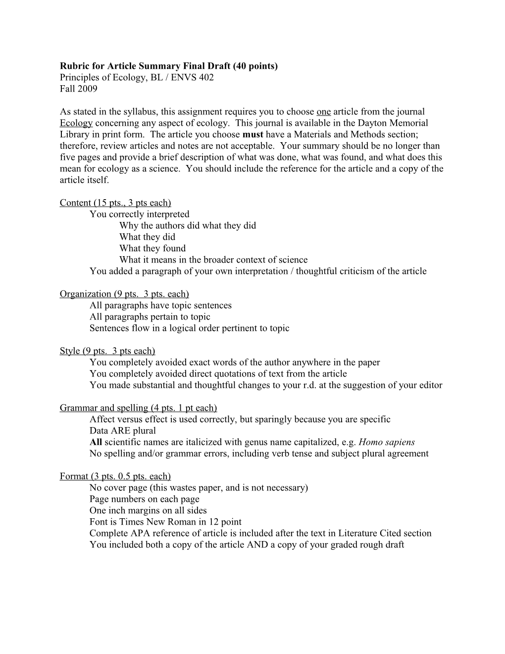 Rubric for Article Summary Final Draft