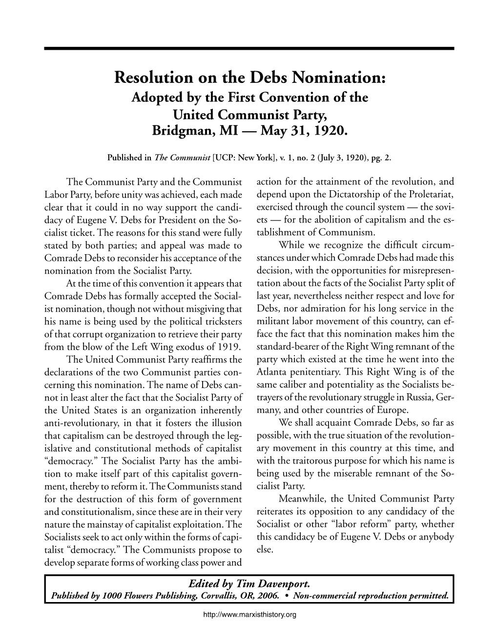 Resolution on the Debs Nomination: Adopted by the First Convention of the United Communist Party, Bridgman, MI — May 31, 1920