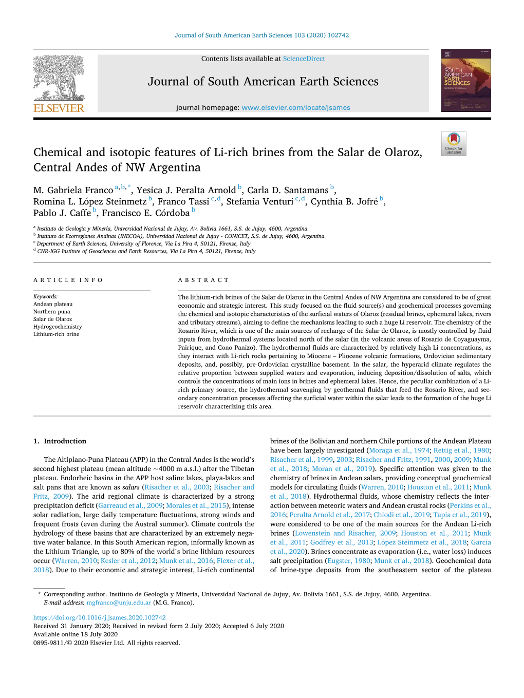 Chemical and Isotopic Features of Li-Rich Brines from the Salar De Olaroz, Central Andes of NW Argentina