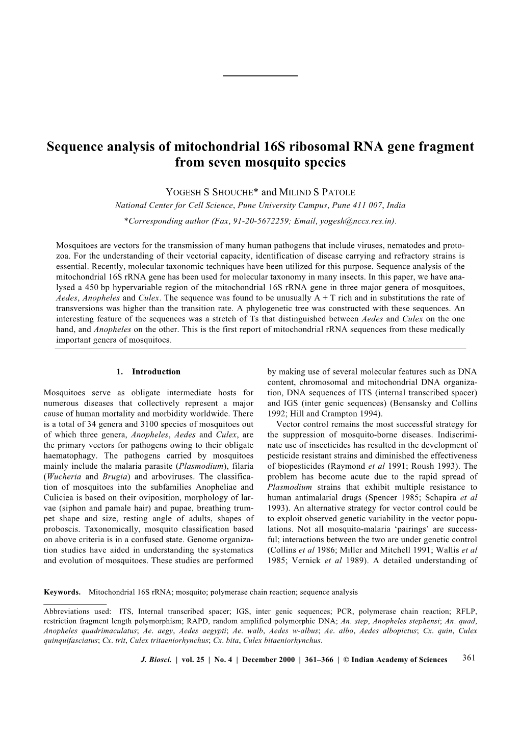 Sequence Analysis of Mitochondrial 16S Ribosomal RNA Gene Fragment from Seven Mosquito Species