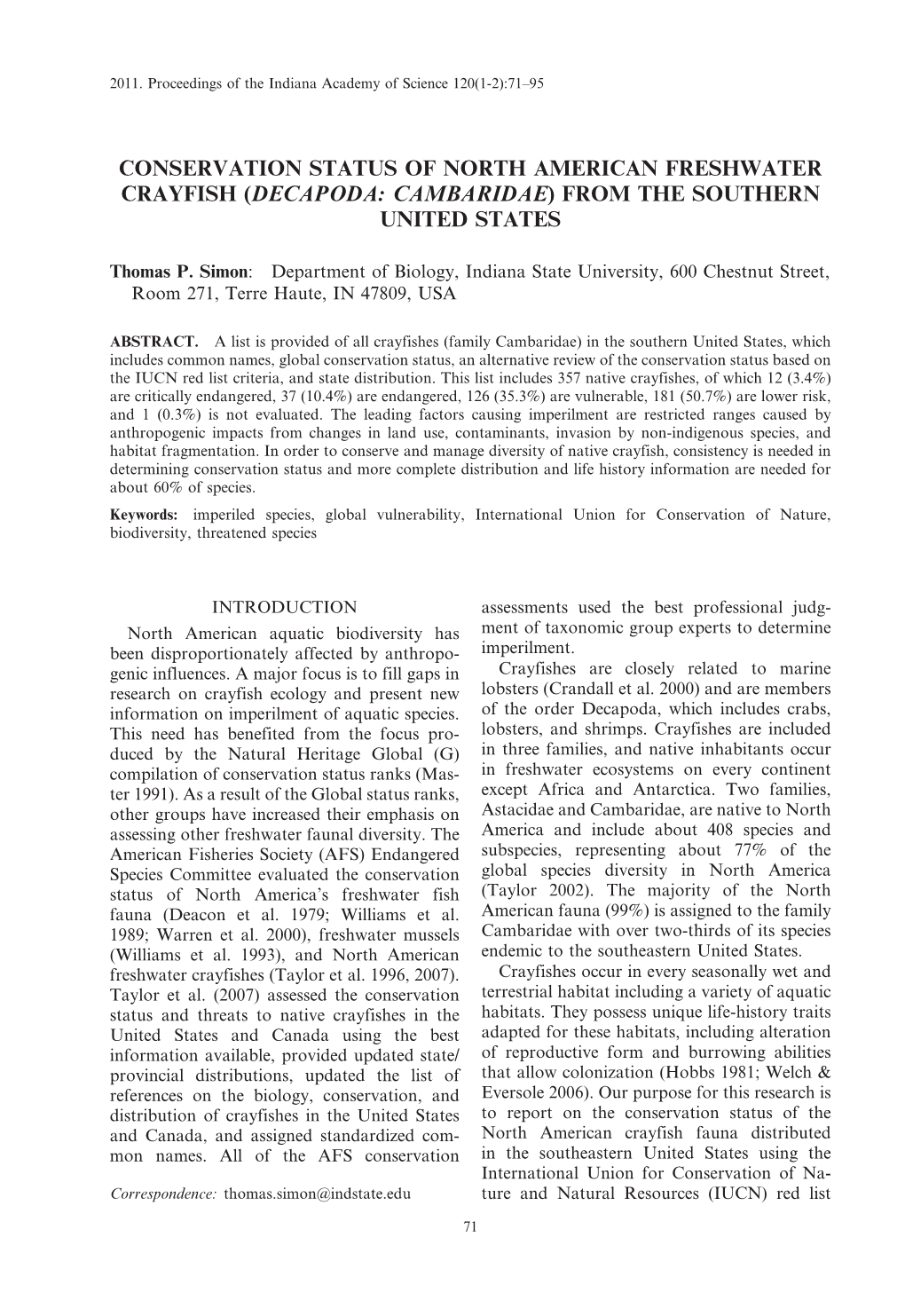 Conservation Status of North American Freshwater Crayfish (Decapoda: Cambaridae) from the Southern United States