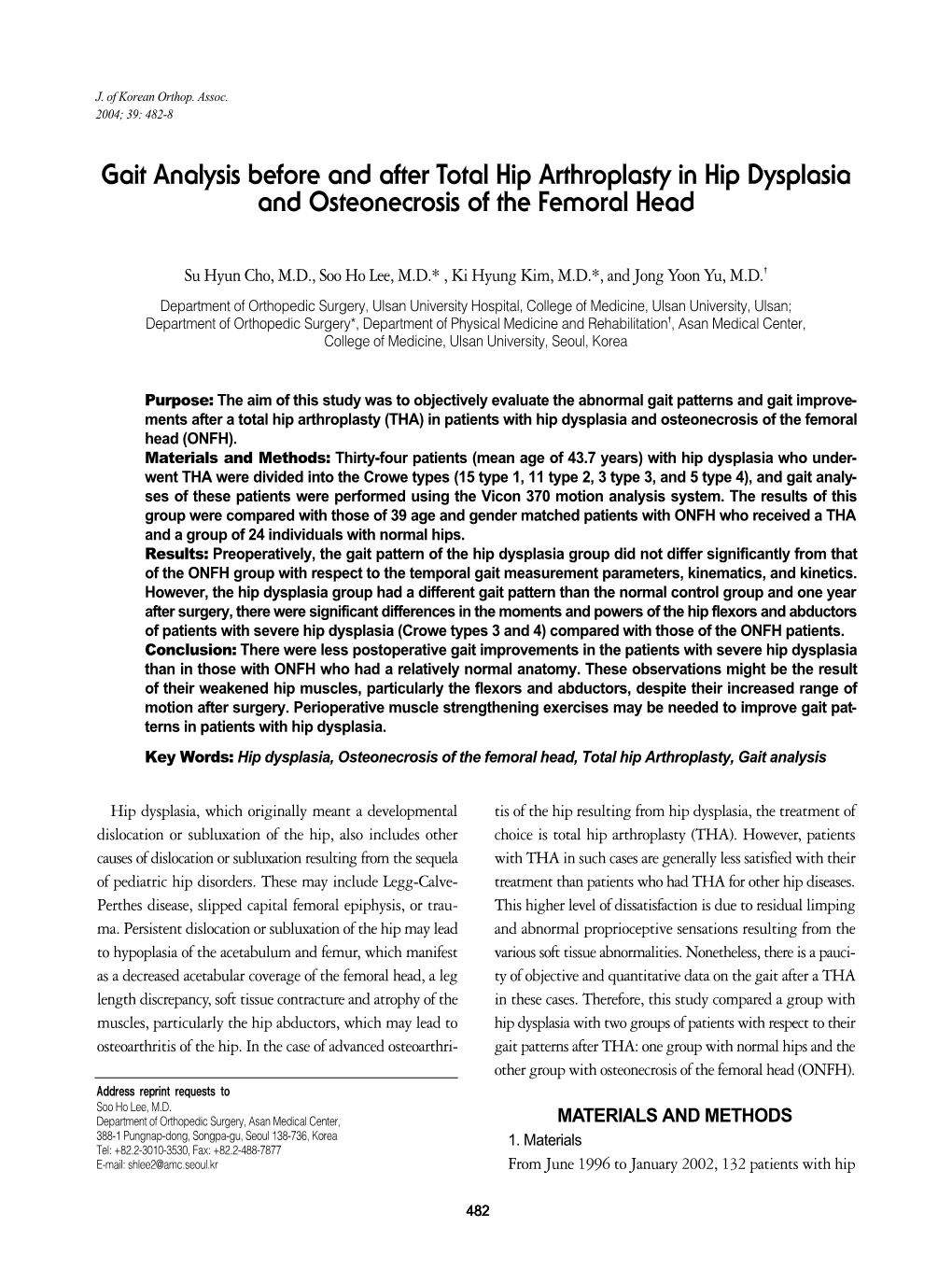 Gait Analysis Before and After Total Hip Arthroplasty in Hip Dysplasia and Osteonecrosis of the Femoral Head