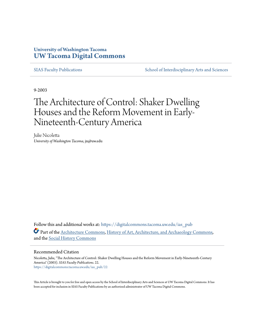 The Architecture of Control: Shaker Dwelling Houses and the Reform