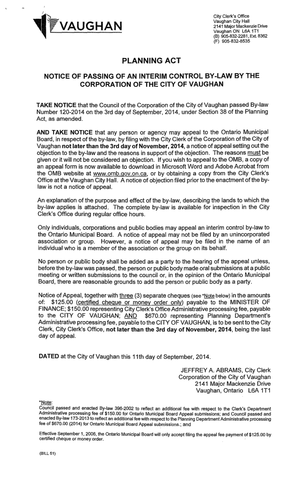Notice of Passing of Interim Control By-Law 120-2014