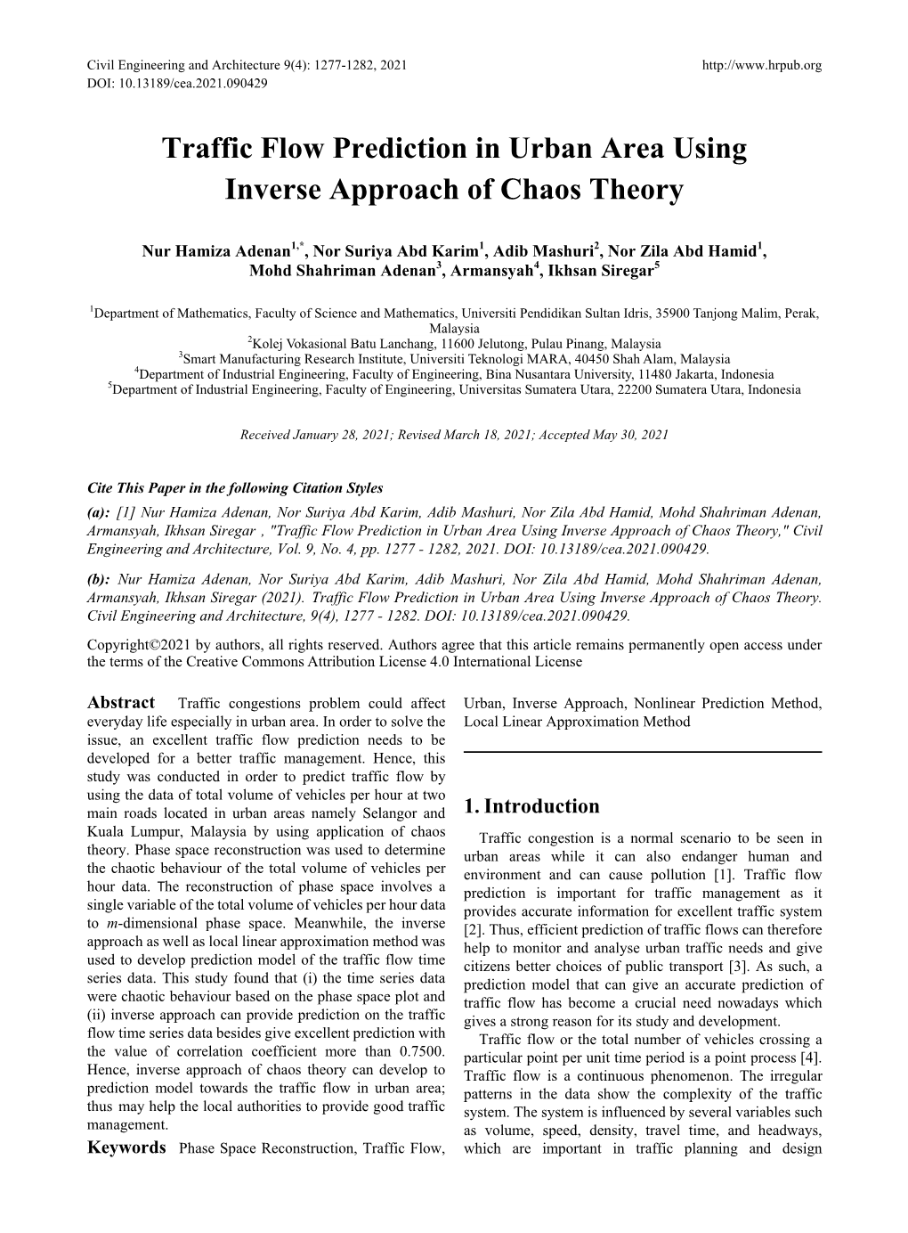 Traffic Flow Prediction in Urban Area Using Inverse Approach of Chaos Theory