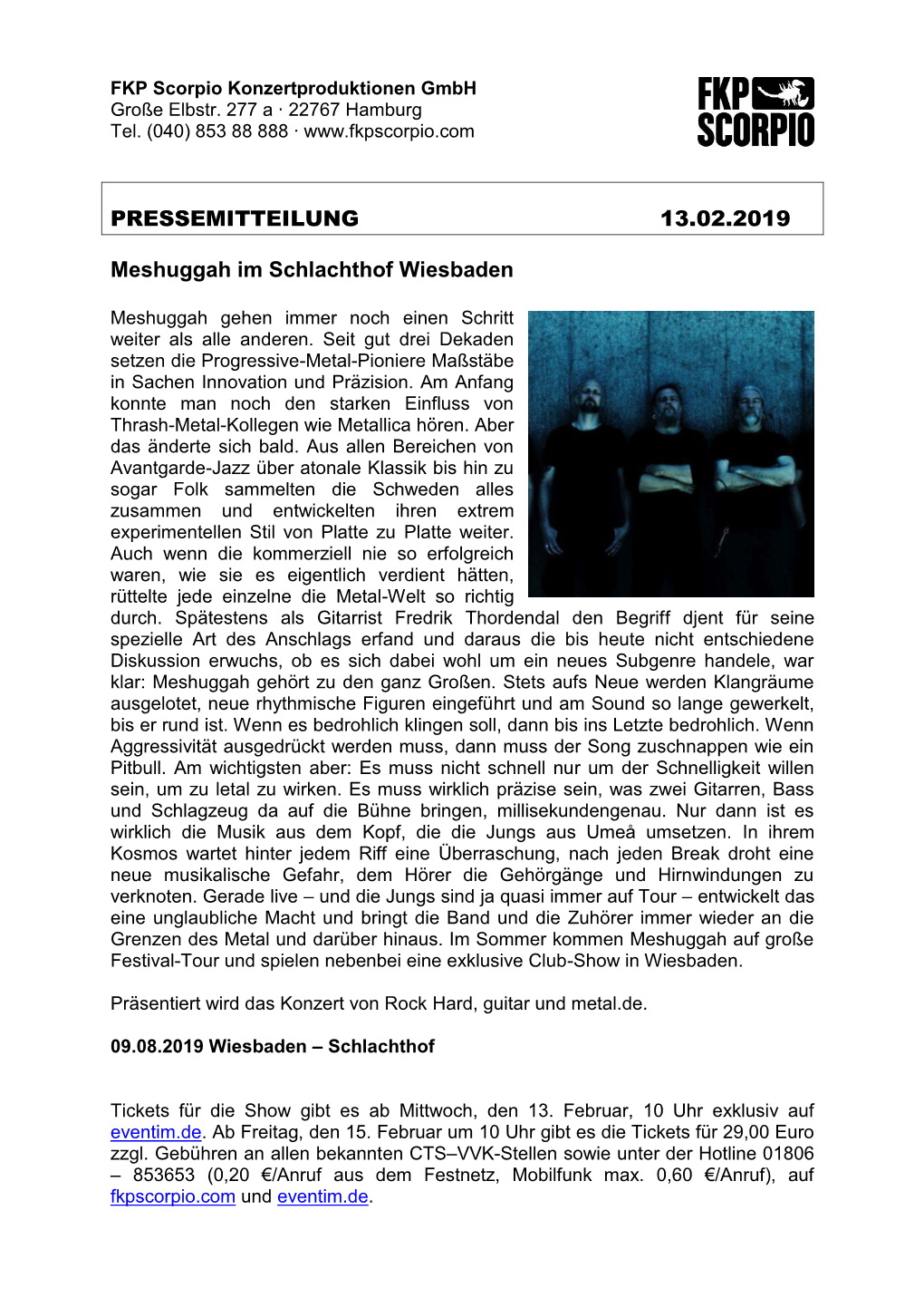 PRESSEMITTEILUNG 13.02.2019 Meshuggah Im