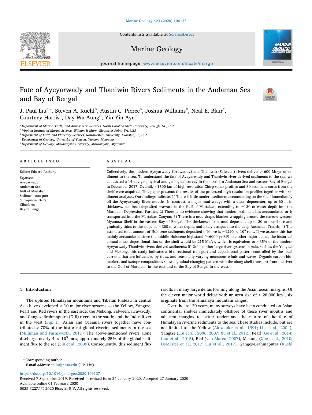 Fate of Ayeyarwady and Thanlwin Rivers Sediments in the Andaman Sea and Bay of Bengal T ⁎ J