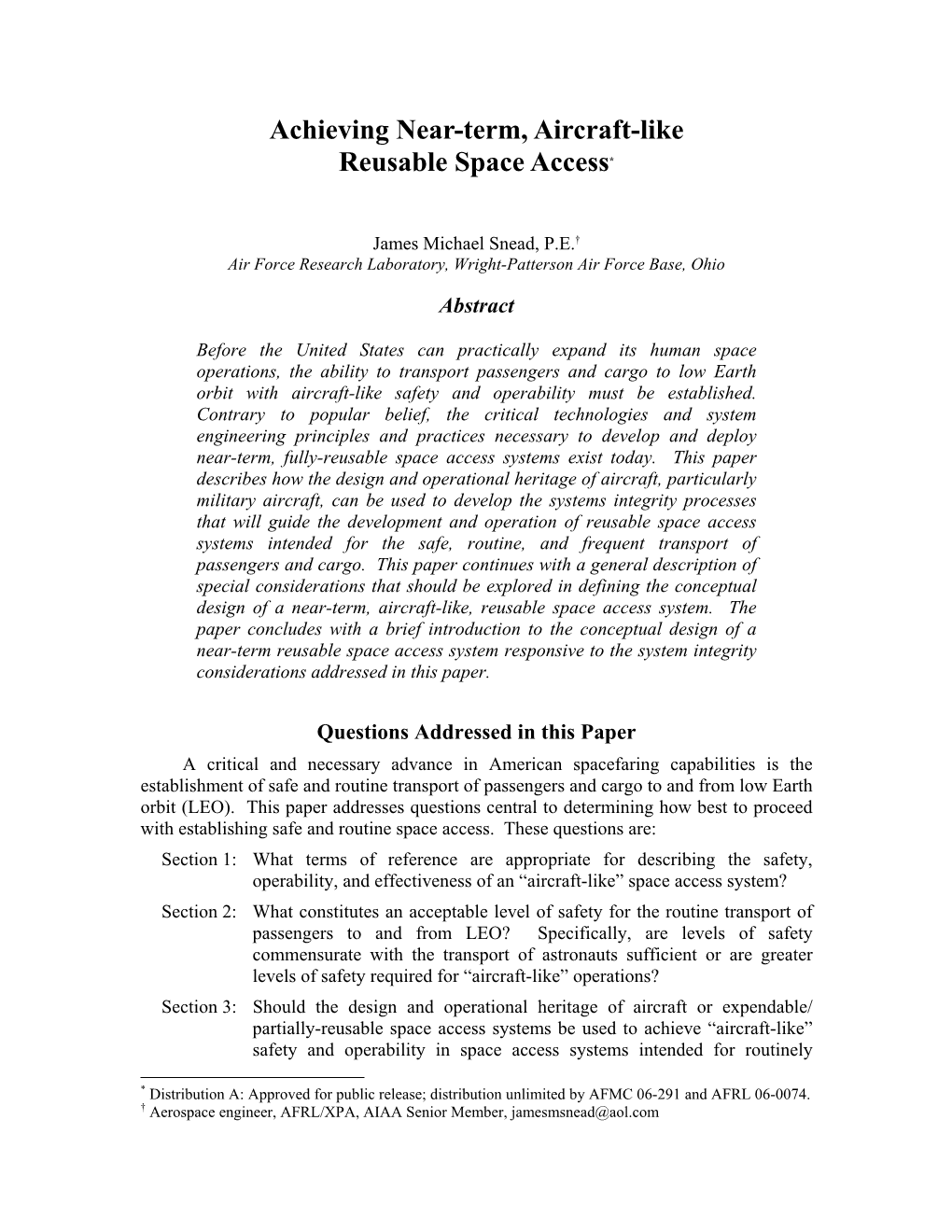 Achieving Near-Term, Aircraft-Like Reusable Space Access*